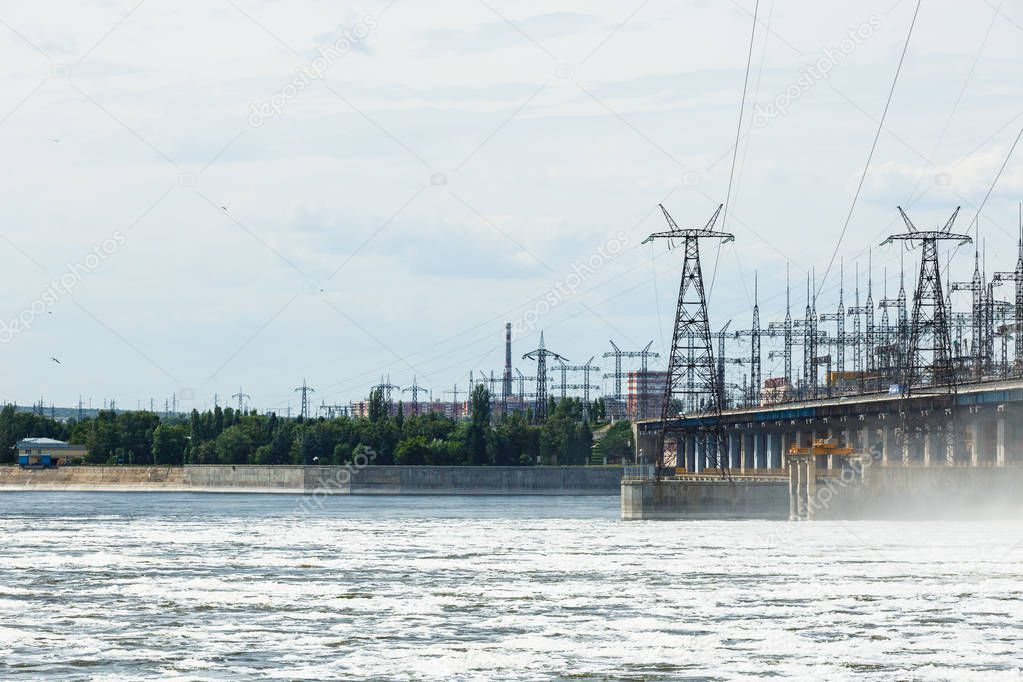 Hydroelectric power station. Water dumping. Volgograd, Volga river, Russia