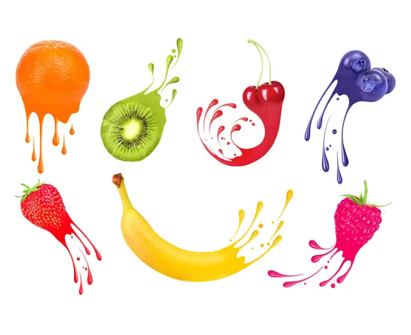 Saftige Früchte Und Beeren Mit Farbspritzern Und Farbtropfen Isoliert Auf — Stockfoto