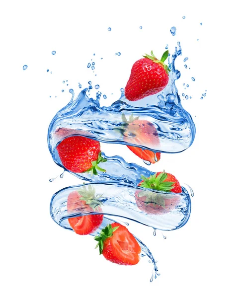 Erdbeeren Mit Wasserspritzern Wirbelnder Form Auf Weißem Hintergrund — Stockfoto