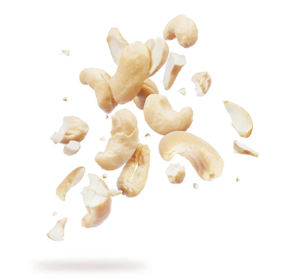 Cashew Crushed Many Pieces Close Isolated White Background — Stock Photo, Image