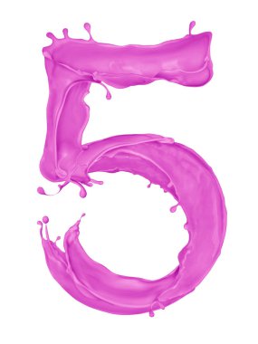 Su sıçramalarına beyaz arka plan üzerinde mor boya yapılan sayı 5 