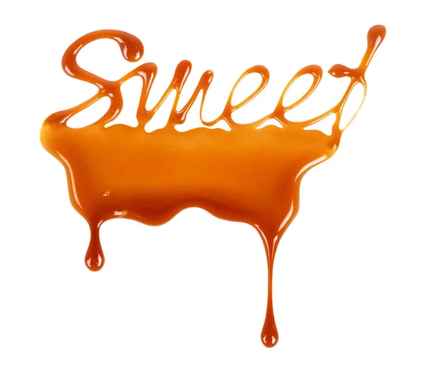 Das Wort Süß Geschrieben Von Flüssigem Karamell Auf Weißem Hintergrund — Stockfoto