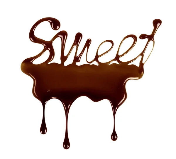 Palabra Dulce Escrita Con Chocolate Derretido Sobre Fondo Blanco — Foto de Stock
