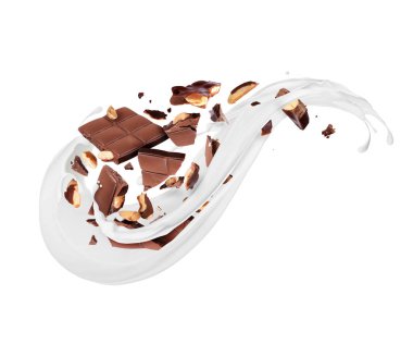 Beyaz bir arka plan üzerinde süt sıçramalarına taşlarla bölünür ve çikolata