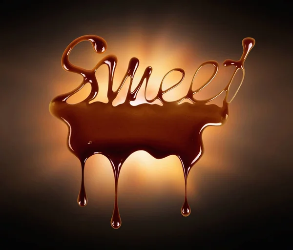 Das Mit Geschmolzener Schokolade Geschriebene Wort Süß Vor Dunklem Hintergrund — Stockfoto