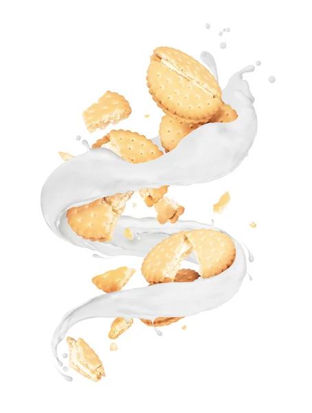 Biscotti Schiacciati Con Spruzzi Latte Forma Vortice Fondo Bianco — Foto Stock