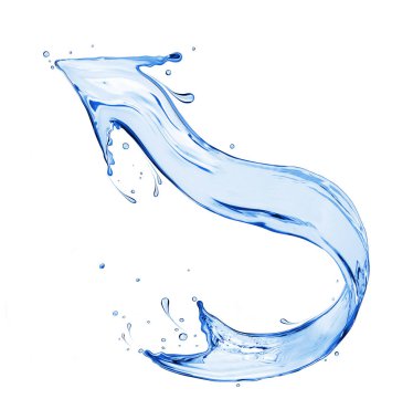 Su, beyaz bir arka plan üzerinde izole kavramsal görüntü yapılmış stilize ok