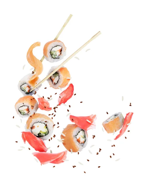 Stukken Van Verse Sushi Met Gember Bevroren Lucht Geïsoleerd Witte — Stockfoto