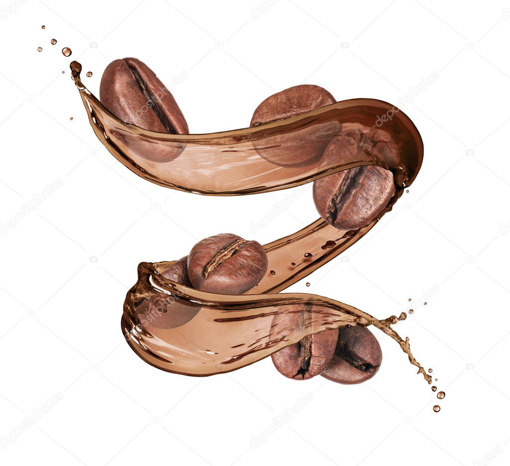 Coffee beans with coffee splashes isolated on white background 