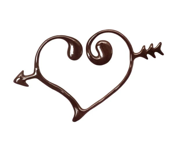 Coração Desenhado Com Chocolate Derretido Isolado Fundo Branco — Fotografia de Stock