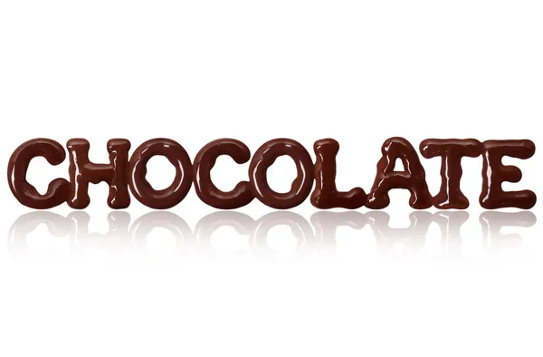 Palabra Chocolate Escrito Con Chocolate Líquido Sobre Fondo Blanco — Foto de Stock
