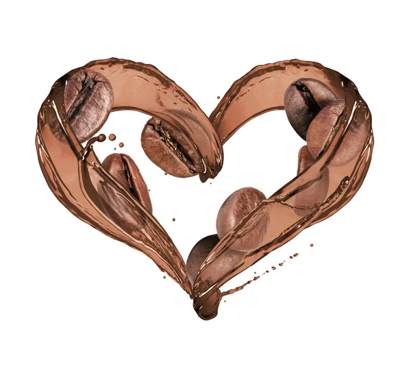 咖啡豆与飞溅在心脏的形状 — 图库照片