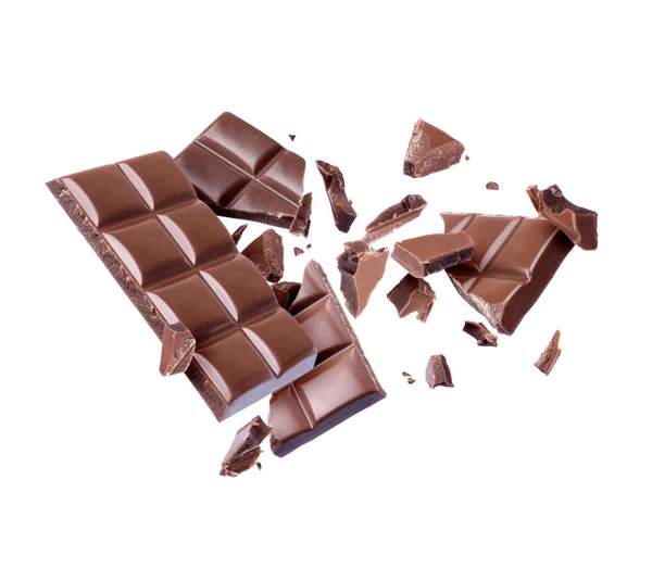 Chokladkaka Bryts Många Bitar Luften Isolerad Vit Bakgrund — Stockfoto