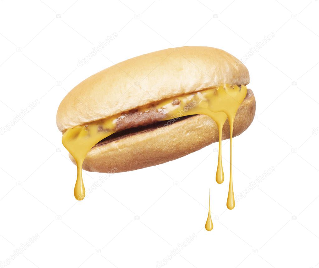 Melted cheese flows from cheeseburger on white background