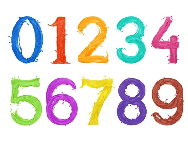 Los Números Están Hechos Salpicaduras Pintura Multicolor Sobre Fondo Blanco — Foto de Stock