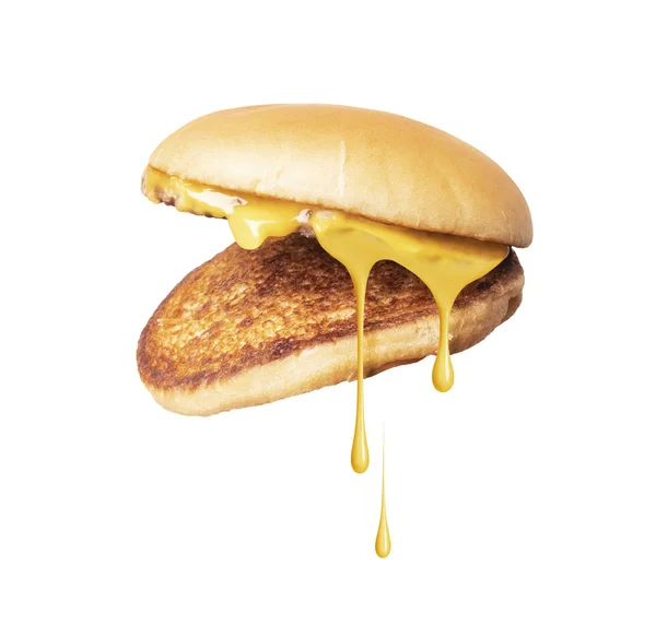 Gesmolten Kaas Van Cheeseburger Geïsoleerd Een Witte Achtergrond Loopt — Stockfoto