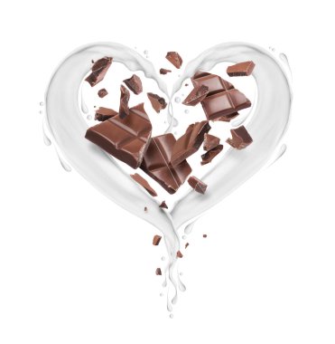 İle süt sıçramalarına beyaz bir arka plan üzerinde izole kalp şeklinde çikolata parçaları
