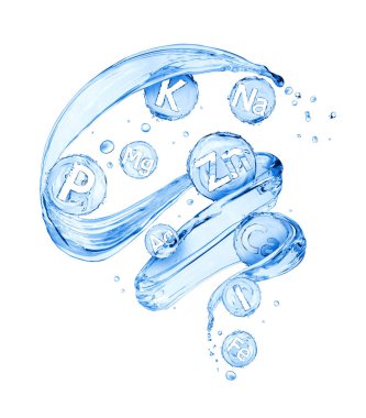 Kimyasal mineraller ve microelements, izole üzerinde beyaz arka plan grup soyut görüntüleri ile dönen bir şekil su sıçraması 