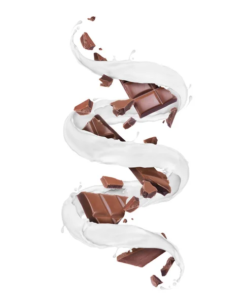 Pedaços Barra Chocolate Com Espirros Leite Girando Isolados Fundo Branco — Fotografia de Stock