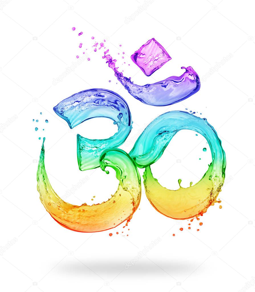 Hindu sign Om made of colored water splashes on white background