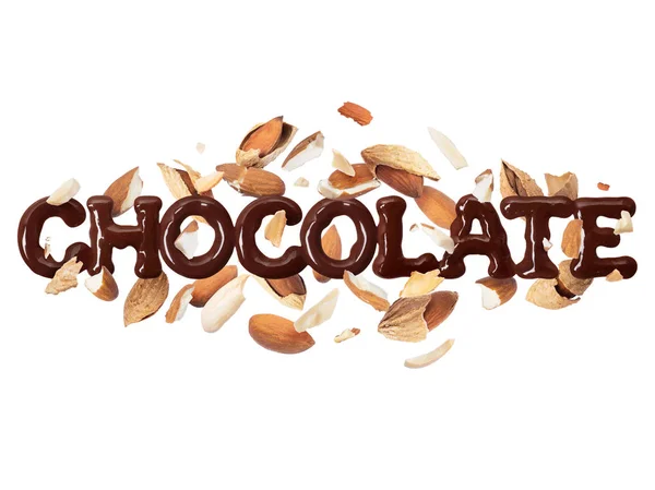 La palabra chocolate con almendras sobre un fondo blanco — Foto de Stock