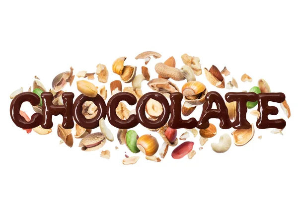La palabra chocolate con diferentes frutos secos sobre un fondo blanco — Foto de Stock