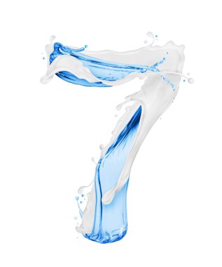 Süt ve su ile yapılan 7 numaralı beyaz arka plan üzerinde su sıçramalarına 