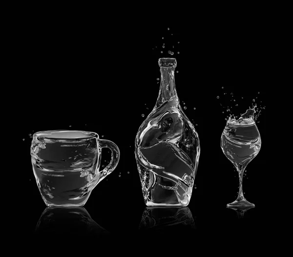 Bottiglia, bicchiere da vino e tazza di acqua su fondo nero — Foto Stock