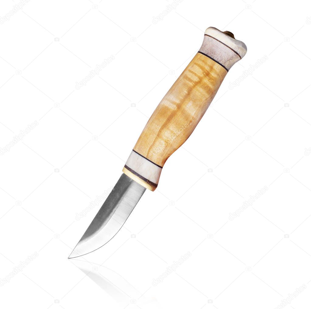 Handmade knife with wooden handle closeup, isolated on white background 