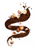 Schokolade gedrehte Spritzer mit zerdrückten Haselnüssen auf weißem Hintergrund