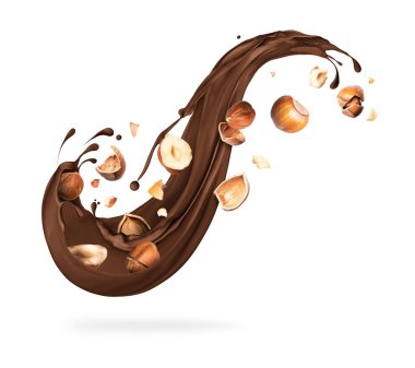 Beyaz arka planda ezilmiş fındık ile eritilmiş çikolata Splash
