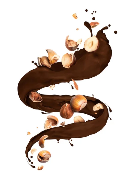 チョコレートは、白い背景に砕いたヘーゼルナッツとねじれたスプラッシュ — ストック写真