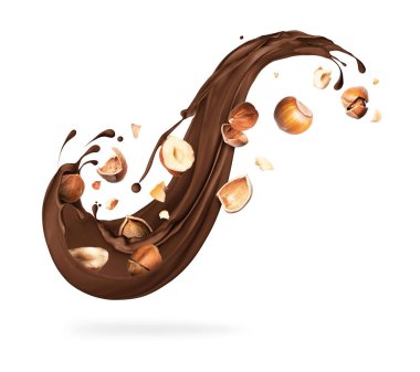 Beyaz arka planda ezilmiş fındık ile eritilmiş çikolata Splash
