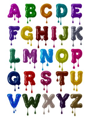 Latin alphabet bold font made of colorful glaze with falling drops in high resolution (part 1. Letters) clipart