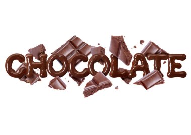 Kırık gözenekli çikolata bar, beyaz arka plan üzerinde izole ile kelime çikolata