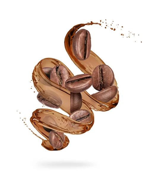 Coffee beans with coffee splashes in a swirling shape on white background