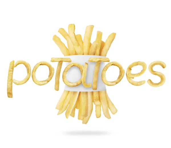 Pommes in Papierverpackung mit Wortkartoffeln — Stockfoto