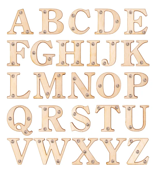 Alfabeto latino de madera con clavos, aislado sobre fondo blanco (parte 1. Cartas ) — Foto de Stock
