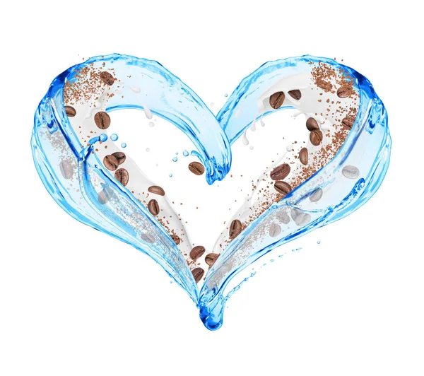 Молочні та водяні бризки у формі серця з кавовими зернами — стокове фото