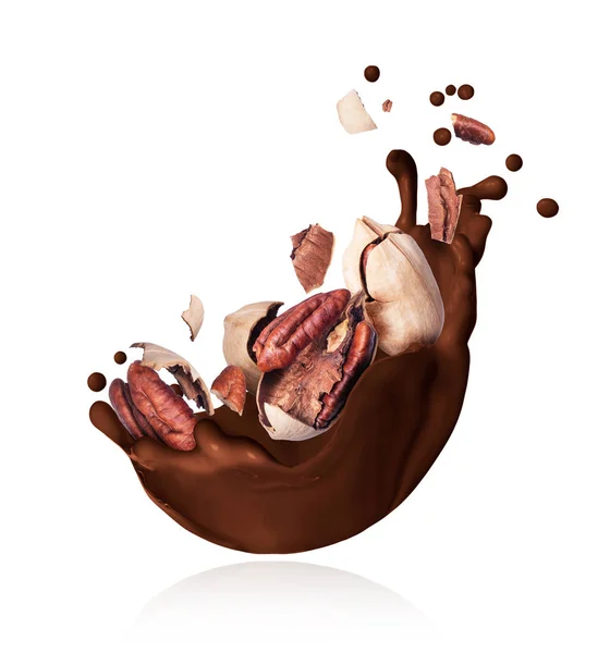 Percikan coklat meleleh dengan kacang kemiri hancur closeup di latar belakang putih — Stok Foto