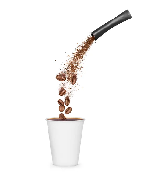 Freeze dried instant coffee pours from the packaging in a mug. Conceptual image on a white background. — Stock Photo, Image