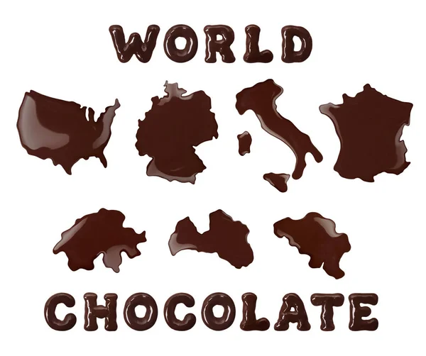 세계의 초콜릿. 초콜릿으로 만든 미국, 이탈리아, 독일, 프랑스, 스위스, 벨기에, 라트비아의 개념 개요. — 스톡 사진