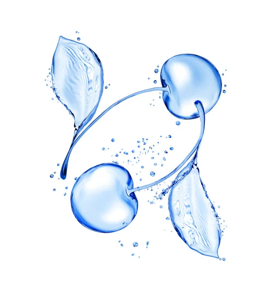 Dos cerezas hechas de salpicaduras de agua en un movimiento circular. Imagen conceptual aislada sobre fondo blanco — Foto de Stock