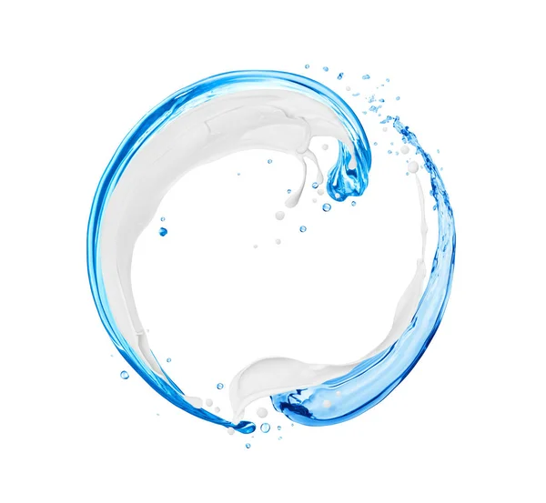 Spritzer Milch und Süßwasser in Bewegung, isoliert auf weißem Hintergrund — Stockfoto