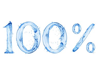 Beyaz bir arka plan üzerinde izole su sıçraması ile yapılan 100 numara ve yüzde işareti 