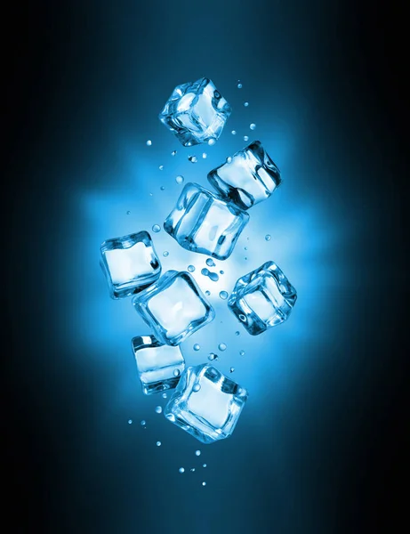 Cubos de hielo en el aire con destello de luz en la oscuridad — Foto de Stock