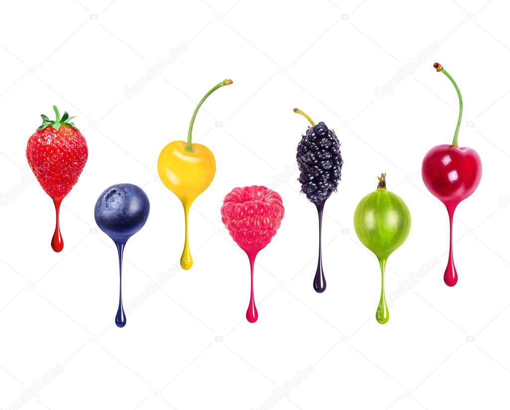 Colorful drops dripping from different berries, isolated on white background