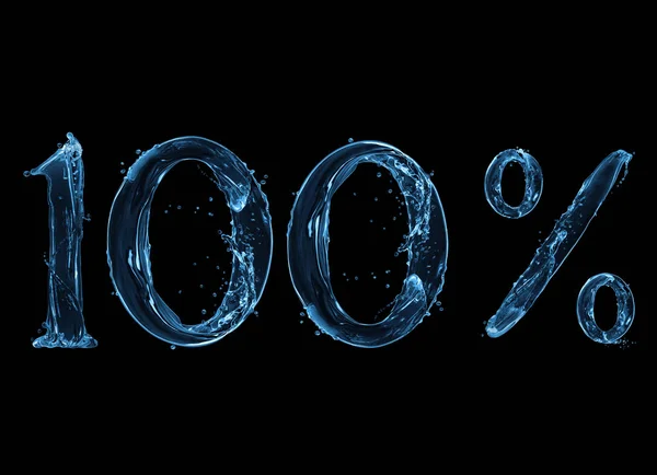 Número 100 e sinal percentual feito com um toque de água em um fundo preto — Fotografia de Stock