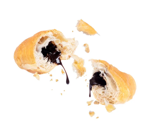 Schokolade Aus Zwei Hälften Eines Croissants Nahaufnahme Auf Weißem Hintergrund — Stockfoto