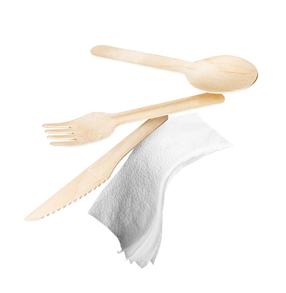 Ecological Wood Cutlery Air White Background — Stock Photo, Image